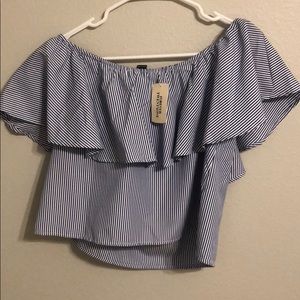 blue and white off the shoulder crop top